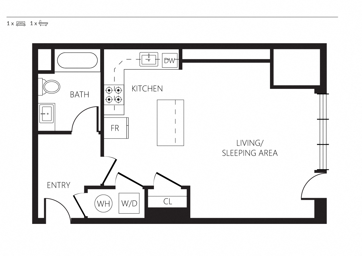 Floor plan for studio, 1 bath, 672 sqft